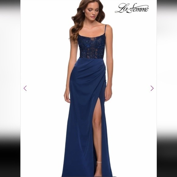 La Femme 29888 Scoop Laced A-Line Satin Embellished Evening Gown Navy Blue 4 NWT - Picture 10 of 10